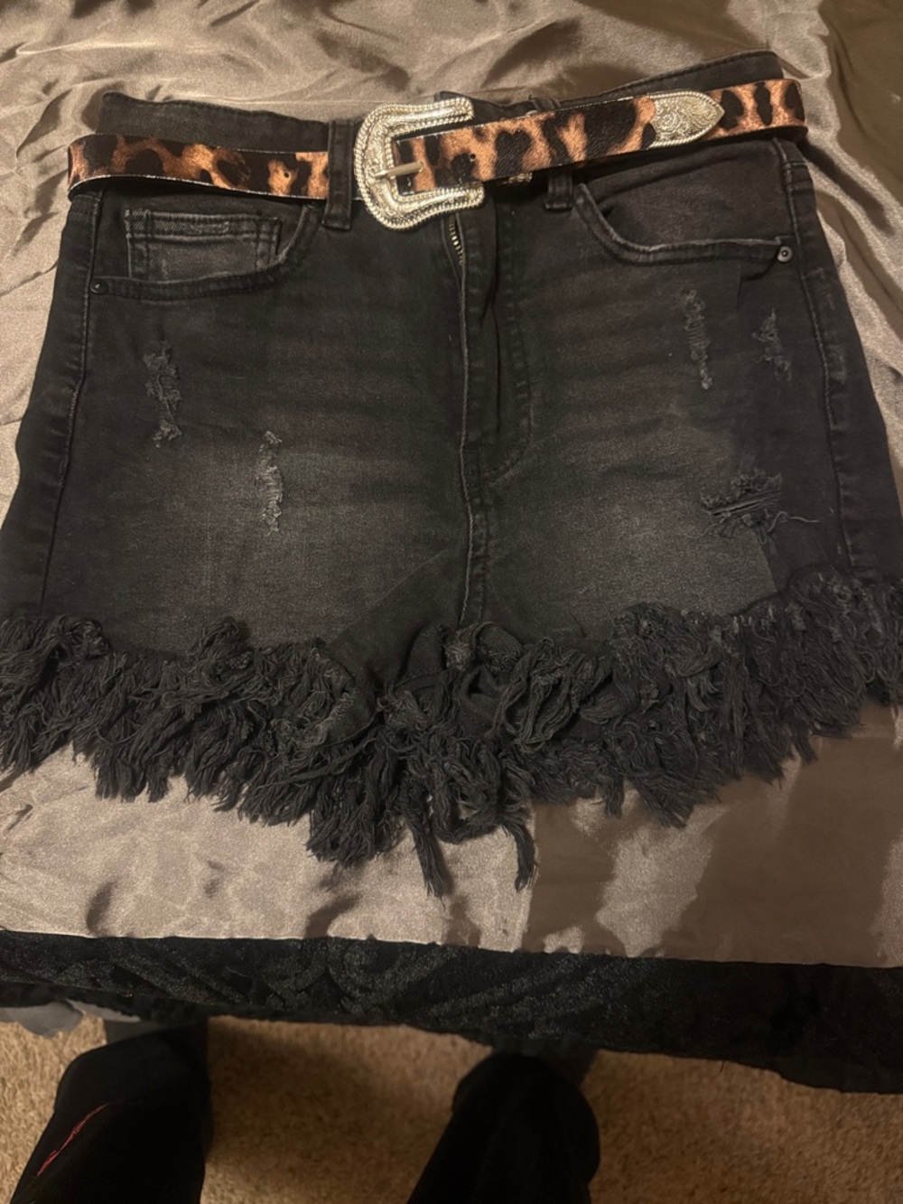 Frayed Hem Black Denim High Waisted Shorts with Leopard Belt
